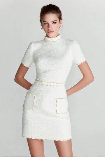 Beaded White High Neck Tweed Mini Dress